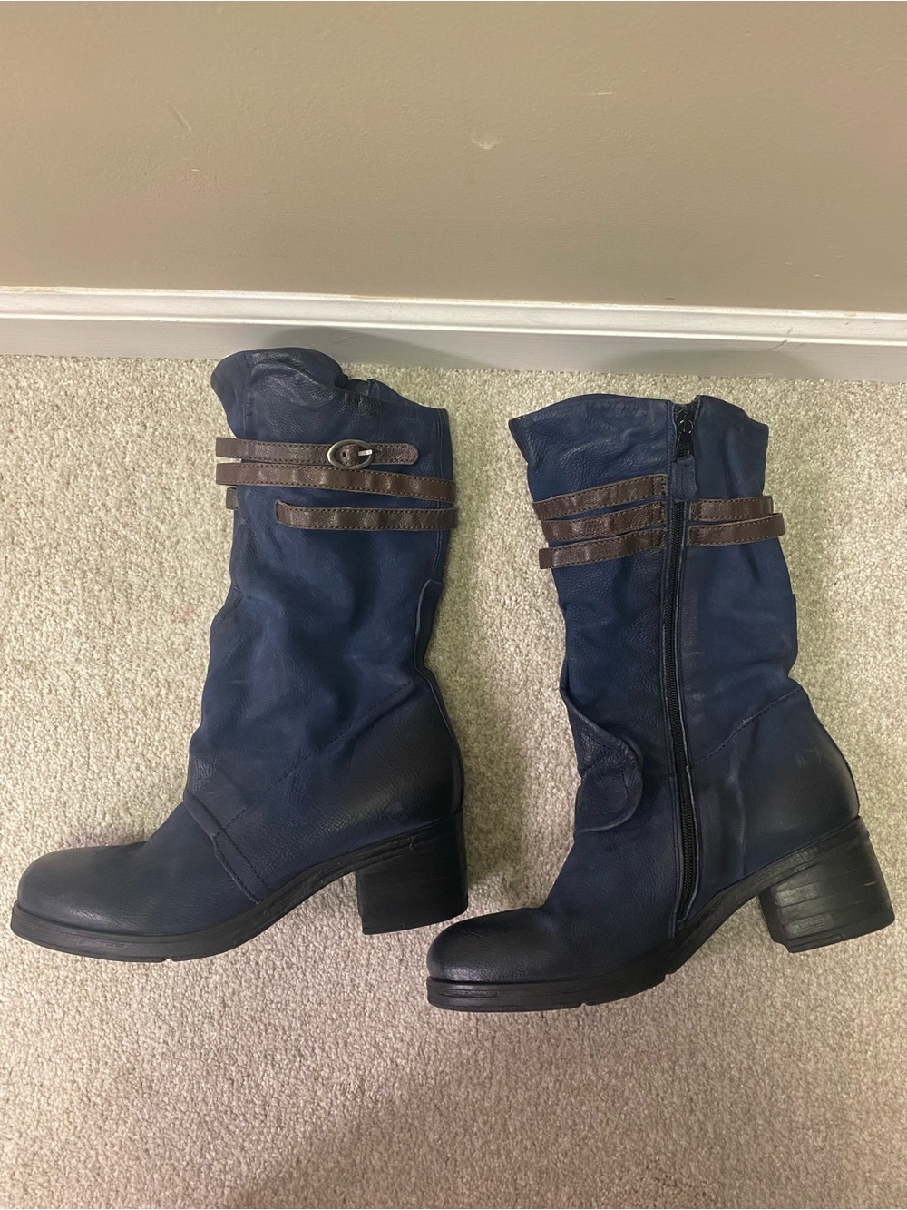 Miz Mooz Navy Leather Mid-Calf Boots with Brown Strap Detail